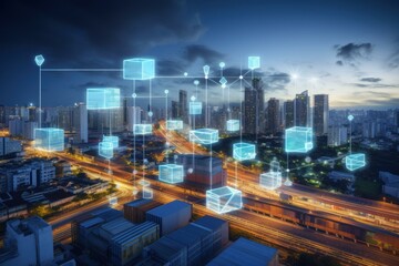 Poster - Futuristic blockchain technology connecting digital blocks over a cityscape at dusk, symbolizing secure and transparent data exchange in a modern urban environment