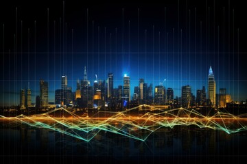Poster - Modern cityscape at night reflecting on water with superimposed financial chart lines, symbolizing economic trends and market data analysis