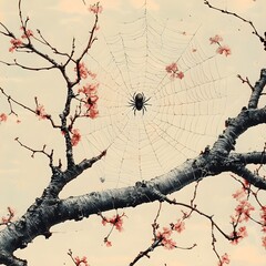 Wall Mural - Whimsical Spider Web on Autumn Tree Branch in Soft Pastel Tones