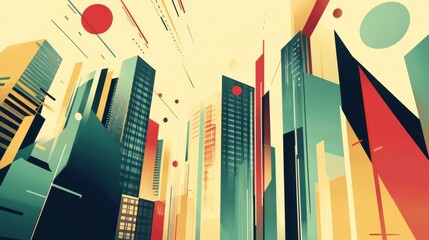 Poster - Abstract depiction of tall office buildings with vibrant colors and geometric patterns in a modern cityscape