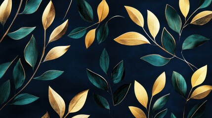 Leinwandbilder - Abstract branches featuring glossy metallic gold leaves on a dark background create a modern and elegant design
