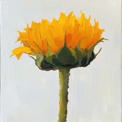 Poster - Bright yellow sunflower stands tall against a light background, showcasing its vibrant petals and green stem
