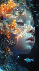 Aufkleber - Surreal portrait capturing a child's face intertwined with vibrant underwater elements and marine life