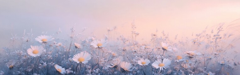 Poster - Pale purple daisies bloom softly in the warm light of dawn, creating a serene atmosphere in a tranquil meadow