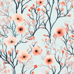 Poster - Watercolor doodle of blooming flowers and branches on a soft background showcasing tranquility and nature