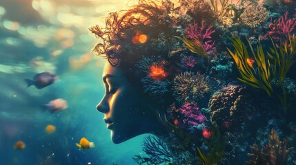Aufkleber - Serene portrait of a glowing woman immersed in a vibrant underwater world blending with colorful coral