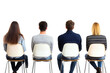 © BOTAHRY DEX - Back view of four seated individuals, two men and two women, on modern chairs on a clean white background. Concept of teamwork or audience