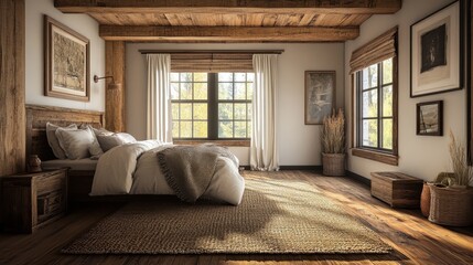Poster - Rustic bedroom featuring wide plank wood floors and cozy decor in a serene, natural setting