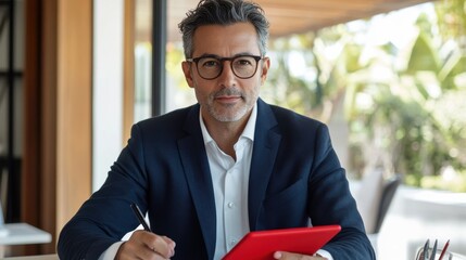 Aufkleber - Professional man with gray hair engaged in work while seated at a stylish desk in a modern office environment