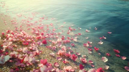 Poster - Serene shoreline with pink petals gently resting on the water in a tranquil beach setting during golden hour