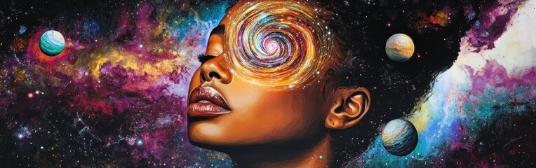 Poster - Mystical cosmic portrait of a woman with swirling galaxies and planets in a vibrant cosmic background