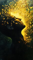 Poster - Mystical silhouette of a man filled with golden leaves and light representing nature and inner peace