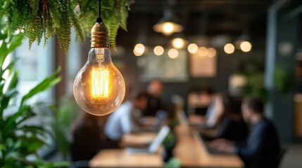 Aufkleber - Glowing vintage light bulb hanging in a modern workspace surrounded by greenery