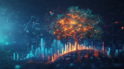 Poster - Glowing tree in full bloom surrounded by digital elements symbolizing growth and technology in a vibrant setting