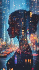 Aufkleber - Dynamic silhouette of a woman against a vibrant cityscape at night reflecting urban energy and modern life