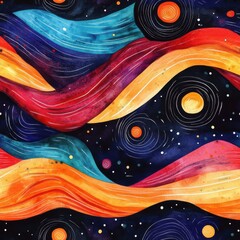 Aufkleber - Colorful dynamic doodle cartoon drawings showcasing vibrant waves and celestial elements in a whimsical nighttime setting