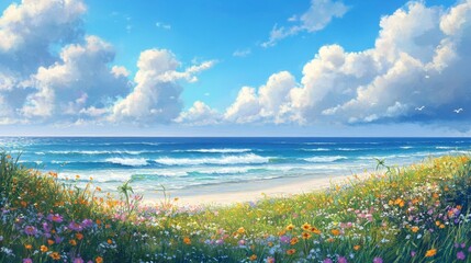 Poster - Dramatic ocean view with rolling waves and colorful wildflowers under a bright blue sky