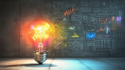 Poster - Dramatic digital composition of a glowing light bulb against a backdrop of bright diagrams and charts in a dimly lit environment