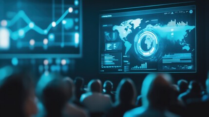 Poster - Corporate conference featuring data presentation to formal audience in modern venue