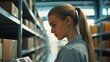 © vadosloginov - Close-up of a young woman with blonde hair inspecting a parcel in a warehouse during daylight hours