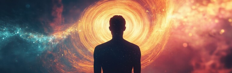 Aufkleber - Conceptual silhouette of a man facing a cosmic swirl in a vibrant celestial background
