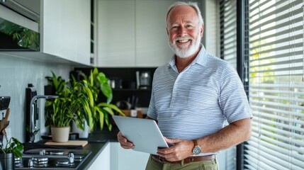 Aufkleber - Cheerful older man with white beard smiles while holding a tablet in a modern kitchen filled with plants
