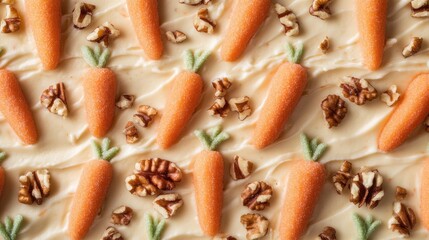 Aufkleber - Creamy carrot cake decorated with vibrant carrot toppers and crunchy walnuts on a smooth frosting surface