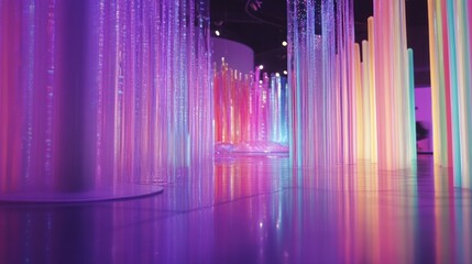 Poster - Vibrant Installation of Colorful Transparent Tubes Reflecting Light in Modern Art Gallery Space, Creating a Dreamlike Atmosphere of Colorful Patterns