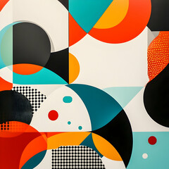 Poster - Abstract geometric shapes, circles, and triangles in vibrant colors like orange, teal, and blue on a white background.