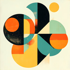 Poster - Abstract geometric shapes, circles, and triangles in vibrant colors like orange, teal, and blue on a white background.