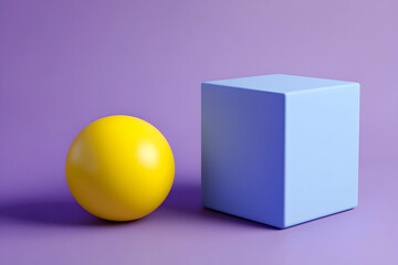 Poster - 3D render of a simple, minimalistic abstract geometric figure with a blue cube and yellow sphere on a purple background.