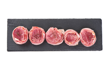 Wall Mural - Raw Pork medallions wrapped in bacon, isolated on white background.