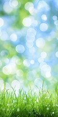 A field of green grass with a blue sky in the background. The grass is wet and the sky is bright and clear