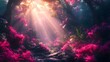 © Thawatchai - Enchanting Sunlit Jungle Landscape with Vibrant Fuchsia Foliage and Glowing Rays of Light
