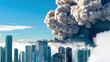 © weerasak - A dramatic view of a city skyline overshadowed by a massive volcanic eruption, featuring thick clouds of ash and smoke against a bright blue sky.