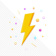 Wall Mural - Yellow lightning bolt with icons around it. Flash symbol, thunderbolt. Simple lightning strike sign. Vector EPS 10