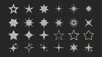 Wall Mural - Silver star set. Glitter textured stars icons isolated on black background for your design. Achievement icons. Vector EPS 10