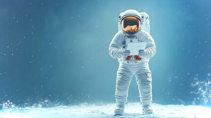Poster - Astronaut stands beside a sales podium in a cosmic setting surrounded by starry atmosphere