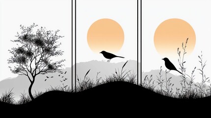 Canvas Print - Three panel bird nature scene.