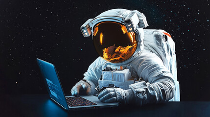 Poster - Astronaut engaged in digital task while floating in space
