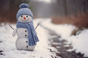 Poster - Minimalistic snowman in soft blue with turquoise hat and scarf against a light blue background