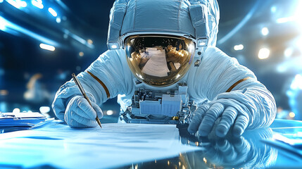 Poster - Astronaut reviewing documents and signing in a futuristic space environment