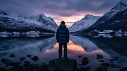 Poster - Scenic view of majestic mountains with a serene river and beautiful lilac hues in the sky
