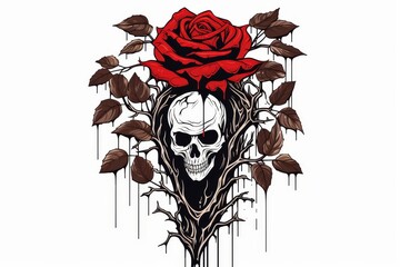 Poster - Minimalist skeleton line drawing with bold red rose on a white background for enhanced contrast
