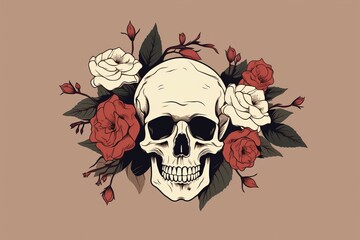 Poster - Minimalist skeleton line drawing featuring a bright red rose on a clean white background