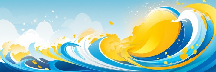 Poster - Vibrant abstract wave design in yellow and blue tones creating movement on a blue background