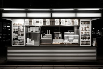 Poster - Stylish minimalist street kiosk design featuring clean lines and neon accents in black and white