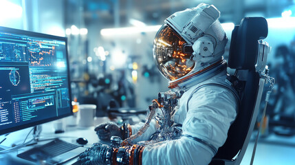 Poster - Astronaut engages with trainer in high-tech environment while capturing training data in 4k