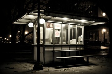 Poster - Sleek minimalist street kiosk design featuring clean lines and neon accents in black and white