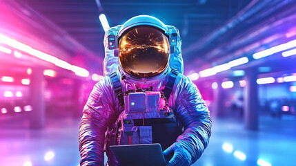 Poster - Astronaut arrives in futuristic company vehicle amidst vibrant lights and technology